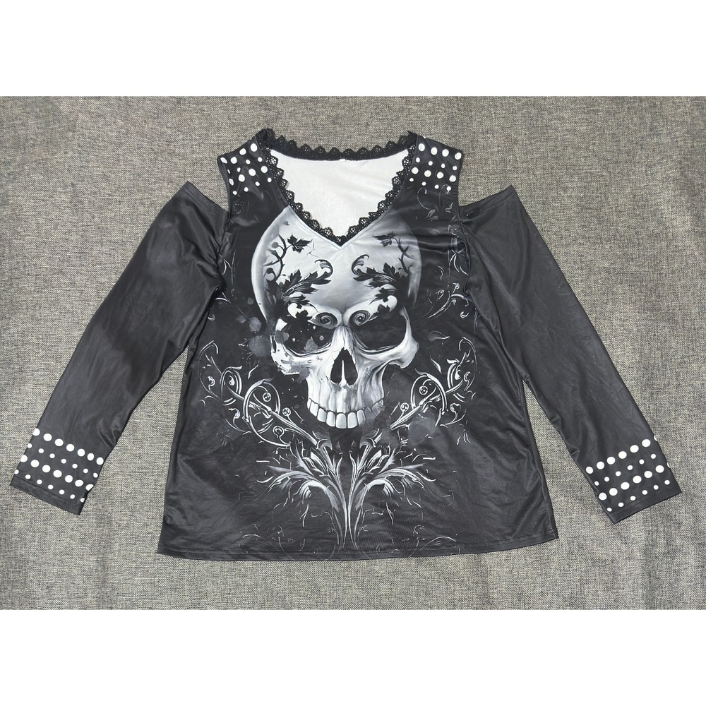 Unbranded Womens XXL Top Cold Shoulder Skull Lace Trim Polka Dot